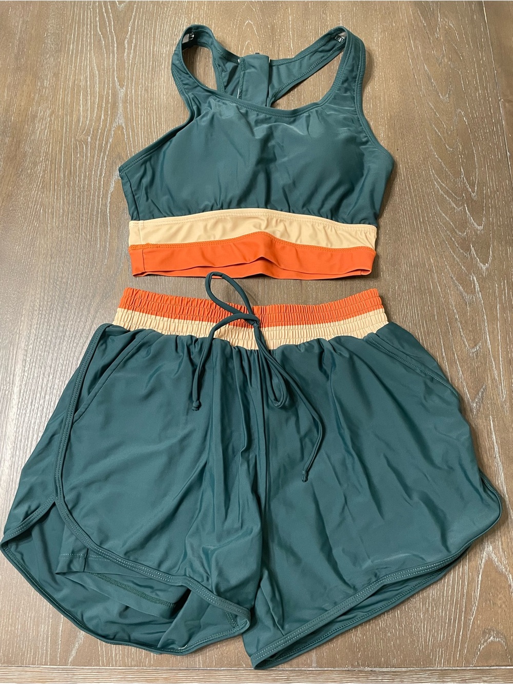 Green Athletic Two-Piece Swimsuit Short Set with Orange and Cream Trim XS New